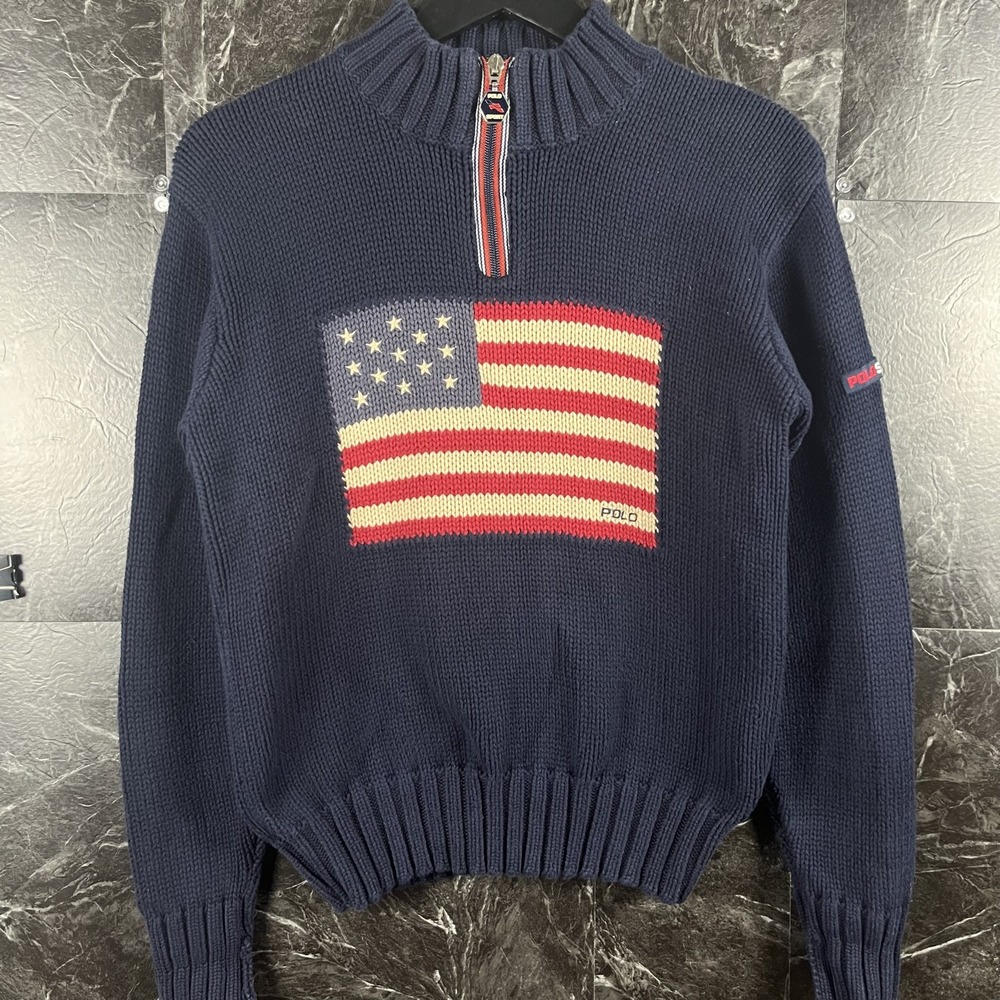 Polo Ralph Lauren Women's Blue Vtg USA Flag Quarter Knit Sweater Medium -Flaws
